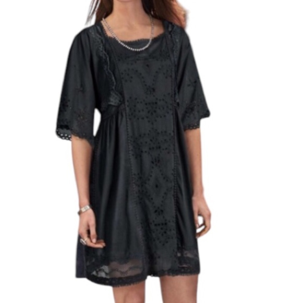 Sundance Bella Notte Dress Eyelet Lace Details Boho Chic Black Medium